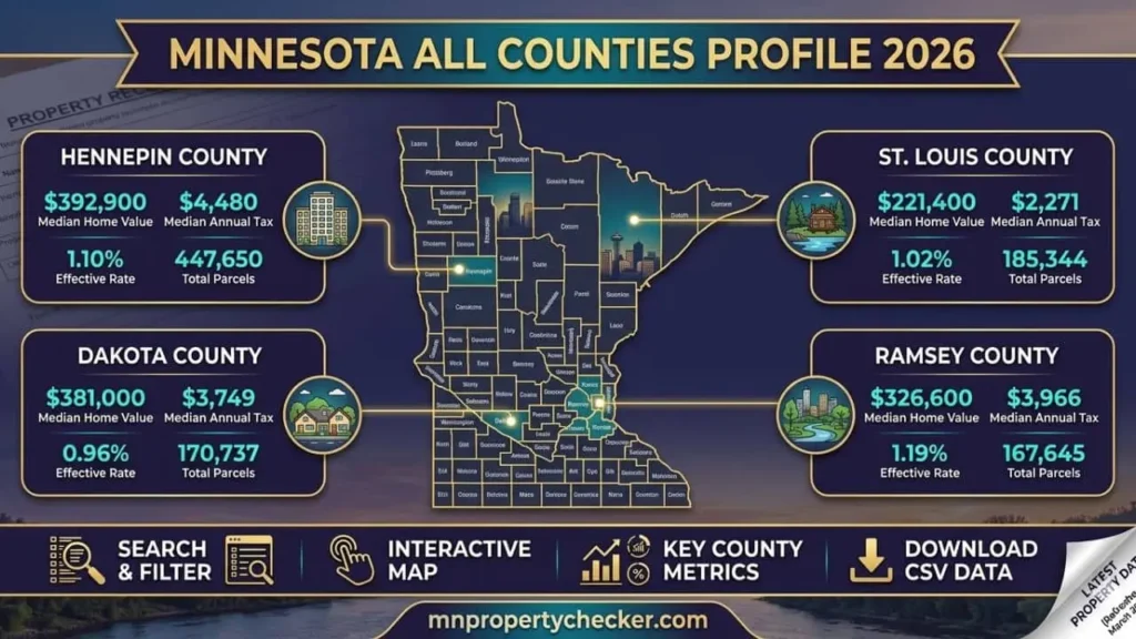Minnesota All Counties Profile 2026 | Population, Parcels & Area Details